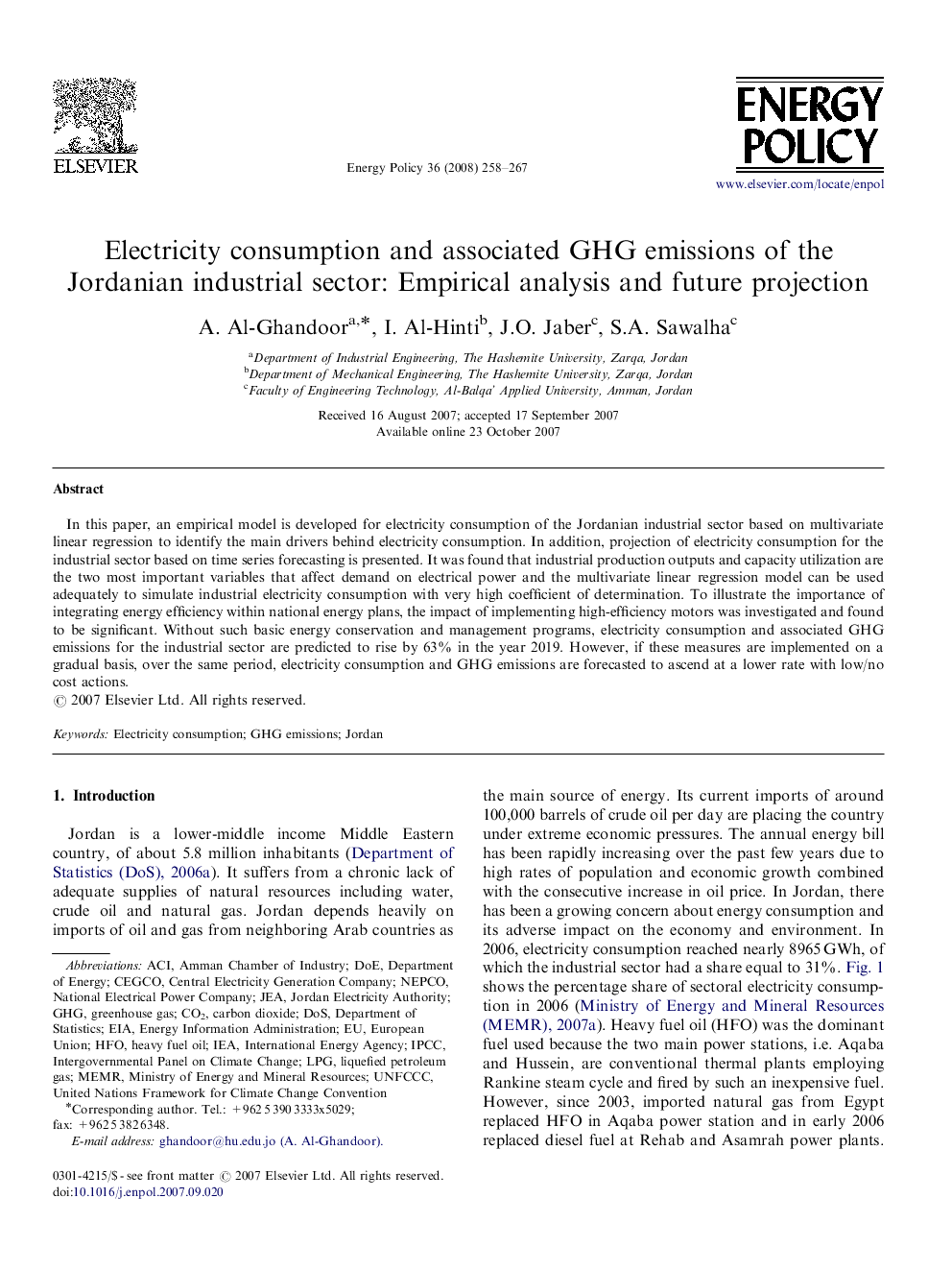 Electricity consumption and associated GHG emissions of the Jordanian industrial sector: Empirical analysis and future projection