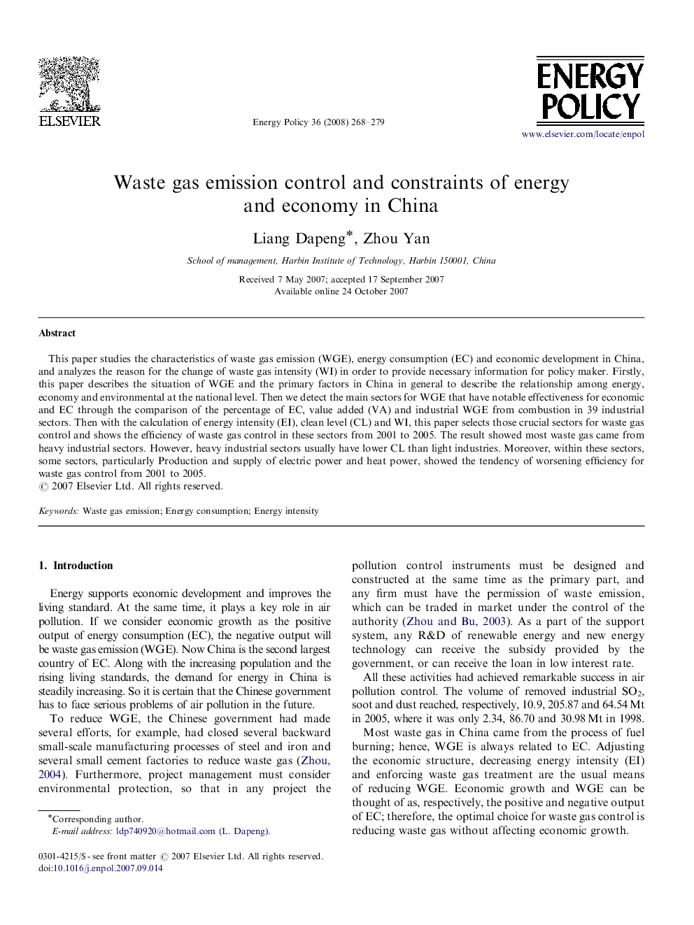 Waste gas emission control and constraints of energy and economy in China