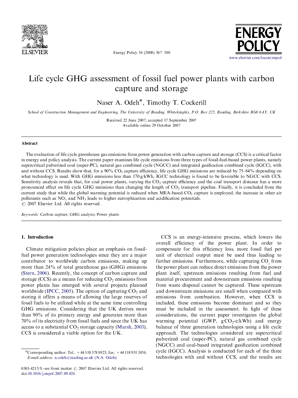 Life cycle GHG assessment of fossil fuel power plants with carbon capture and storage