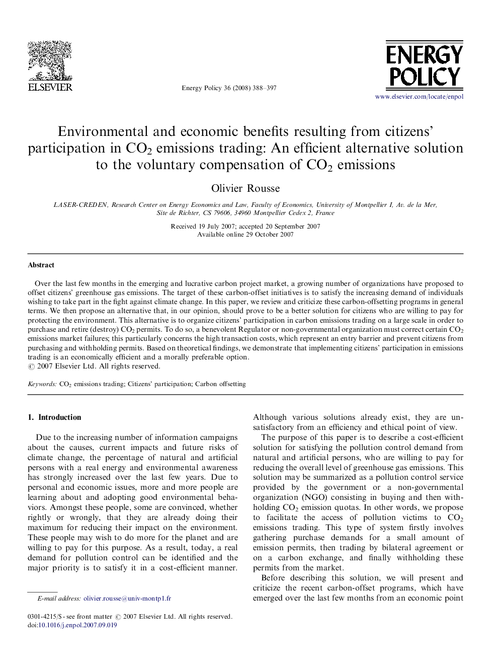 Environmental and economic benefits resulting from citizens’ participation in CO2 emissions trading: An efficient alternative solution to the voluntary compensation of CO2 emissions