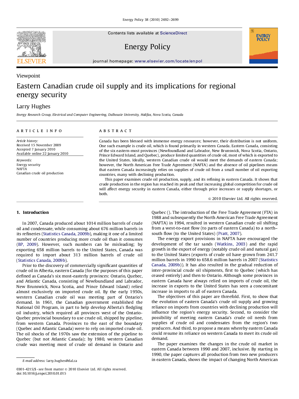 Eastern Canadian crude oil supply and its implications for regional energy security