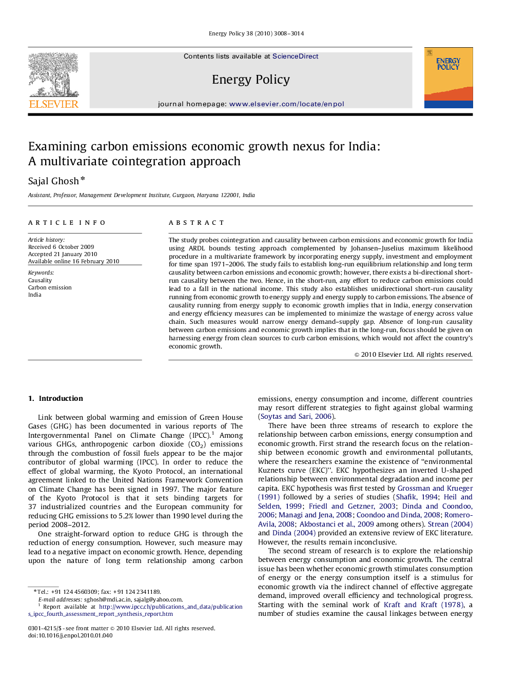 Examining carbon emissions economic growth nexus for India: A multivariate cointegration approach