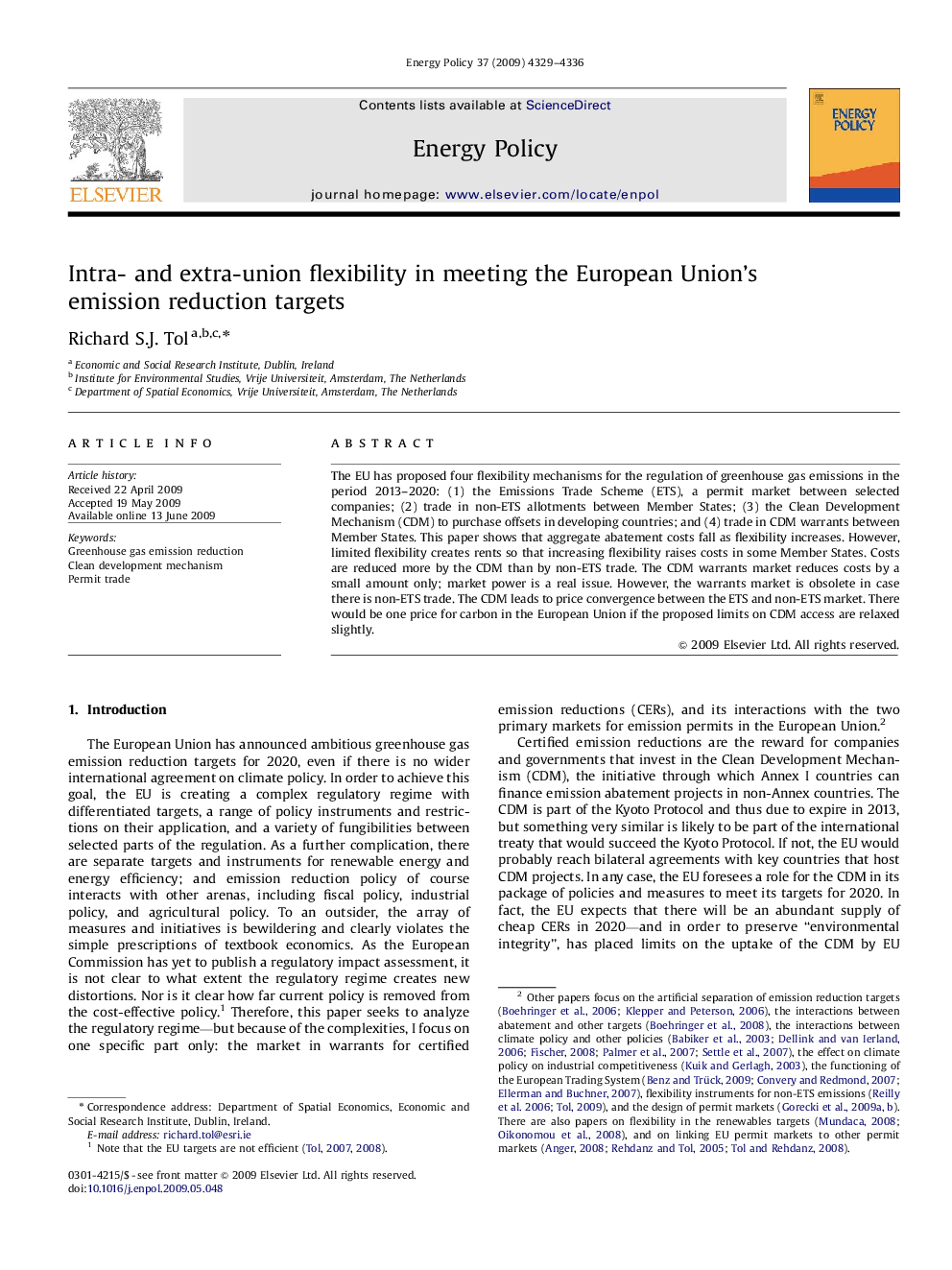 Intra- and extra-union flexibility in meeting the European Union's emission reduction targets