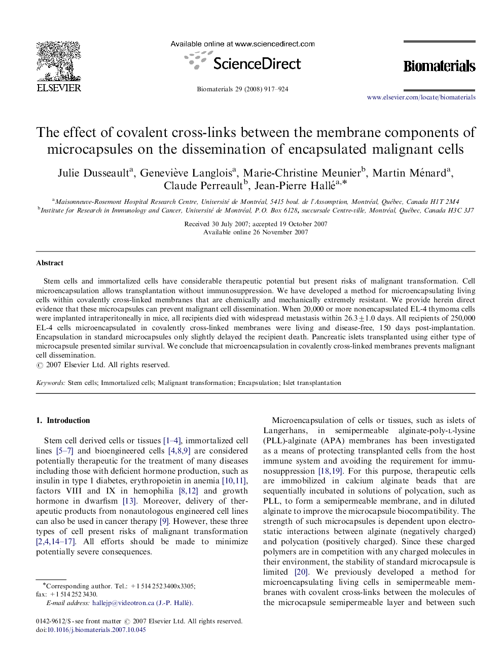 The effect of covalent cross-links between the membrane components of microcapsules on the dissemination of encapsulated malignant cells