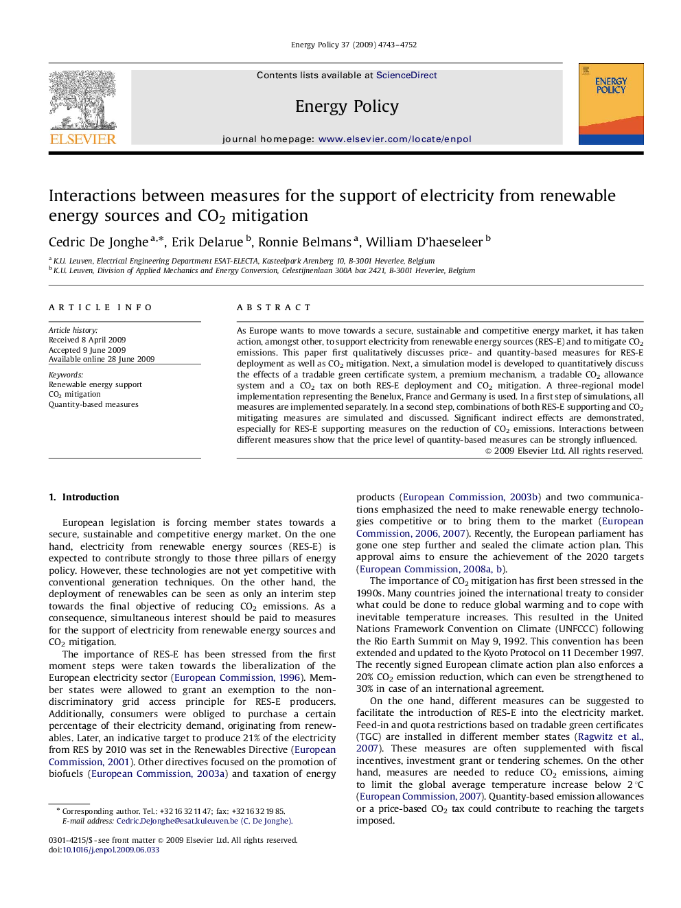 Interactions between measures for the support of electricity from renewable energy sources and CO2 mitigation