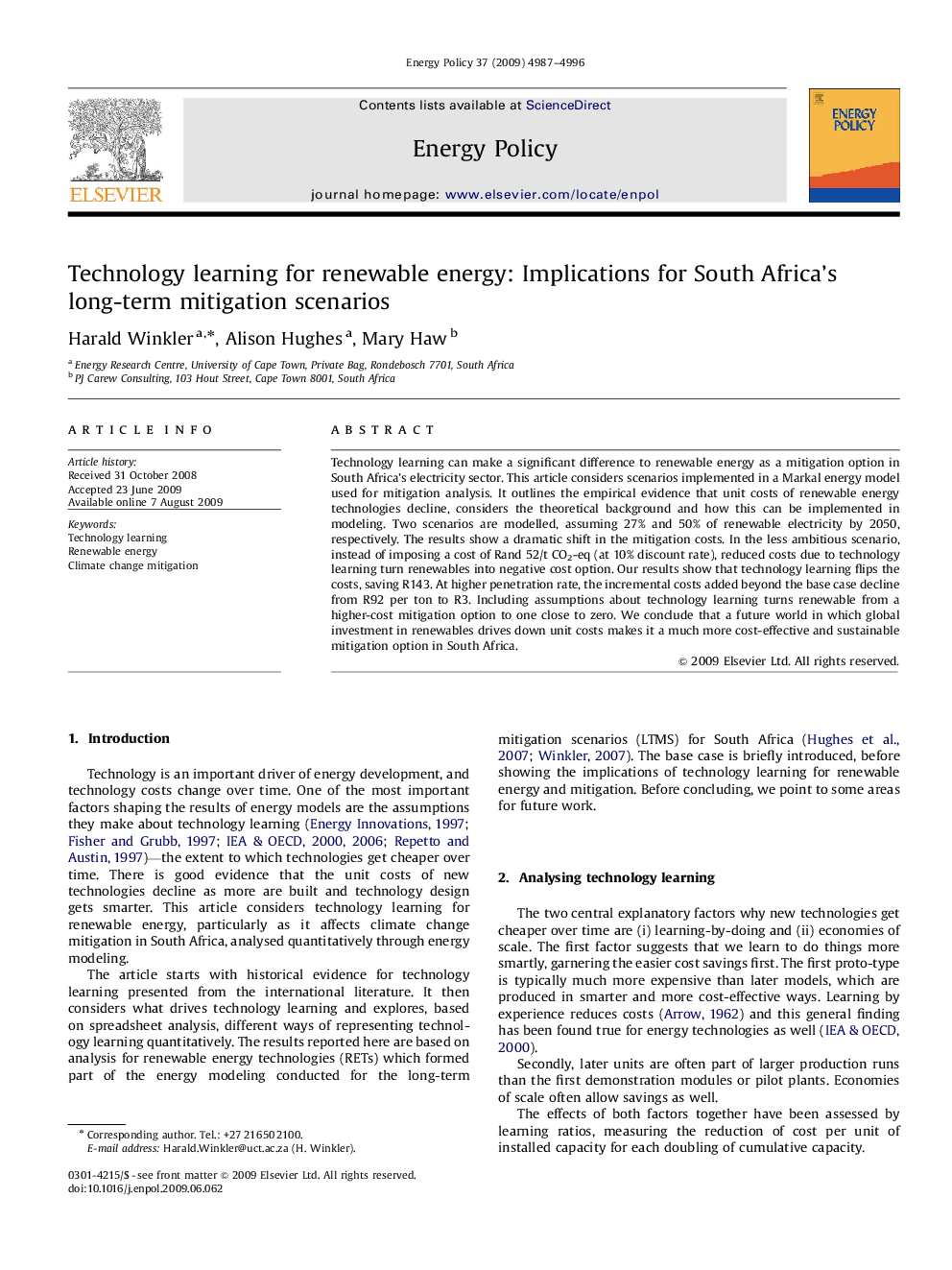 Technology learning for renewable energy: Implications for South Africa's long-term mitigation scenarios