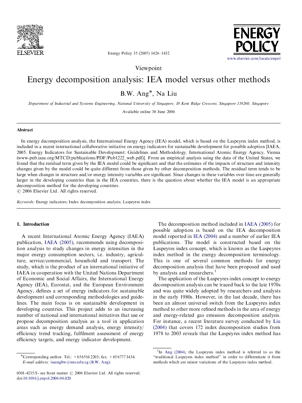 Energy decomposition analysis: IEA model versus other methods