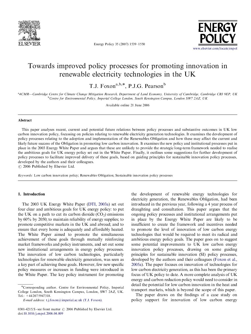 Towards improved policy processes for promoting innovation in renewable electricity technologies in the UK