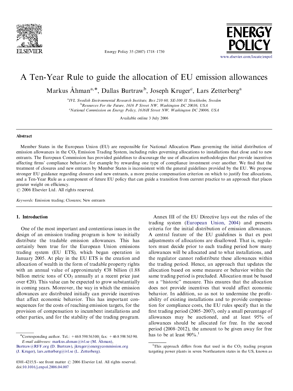 A Ten-Year Rule to guide the allocation of EU emission allowances