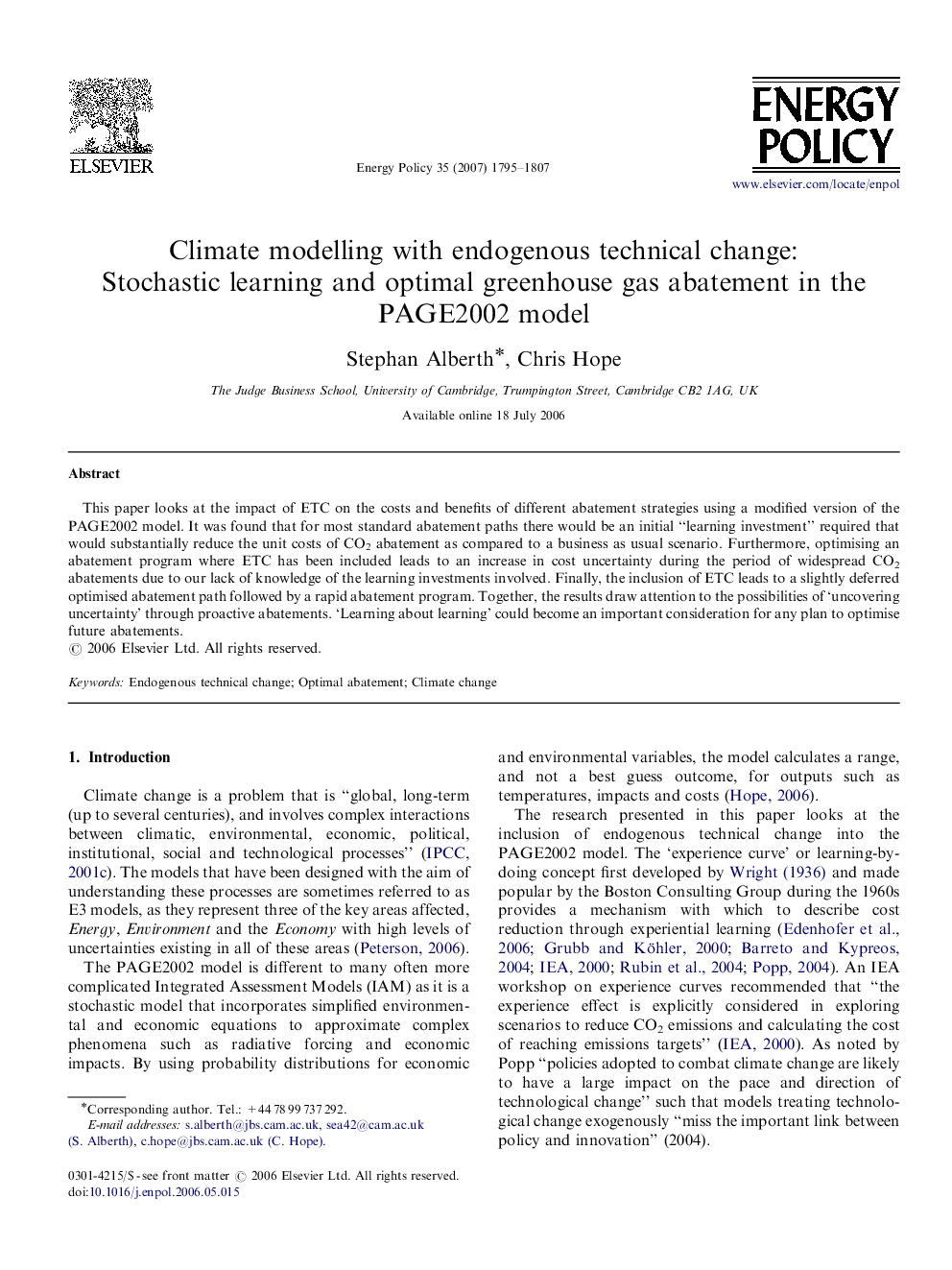 Climate modelling with endogenous technical change: Stochastic learning and optimal greenhouse gas abatement in the PAGE2002 model