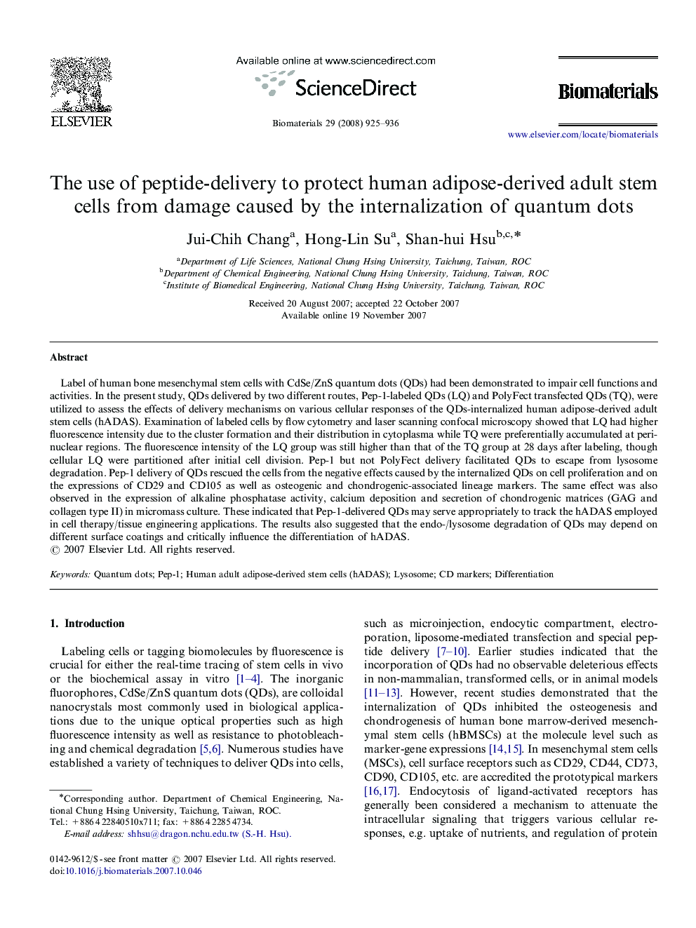 The use of peptide-delivery to protect human adipose-derived adult stem cells from damage caused by the internalization of quantum dots