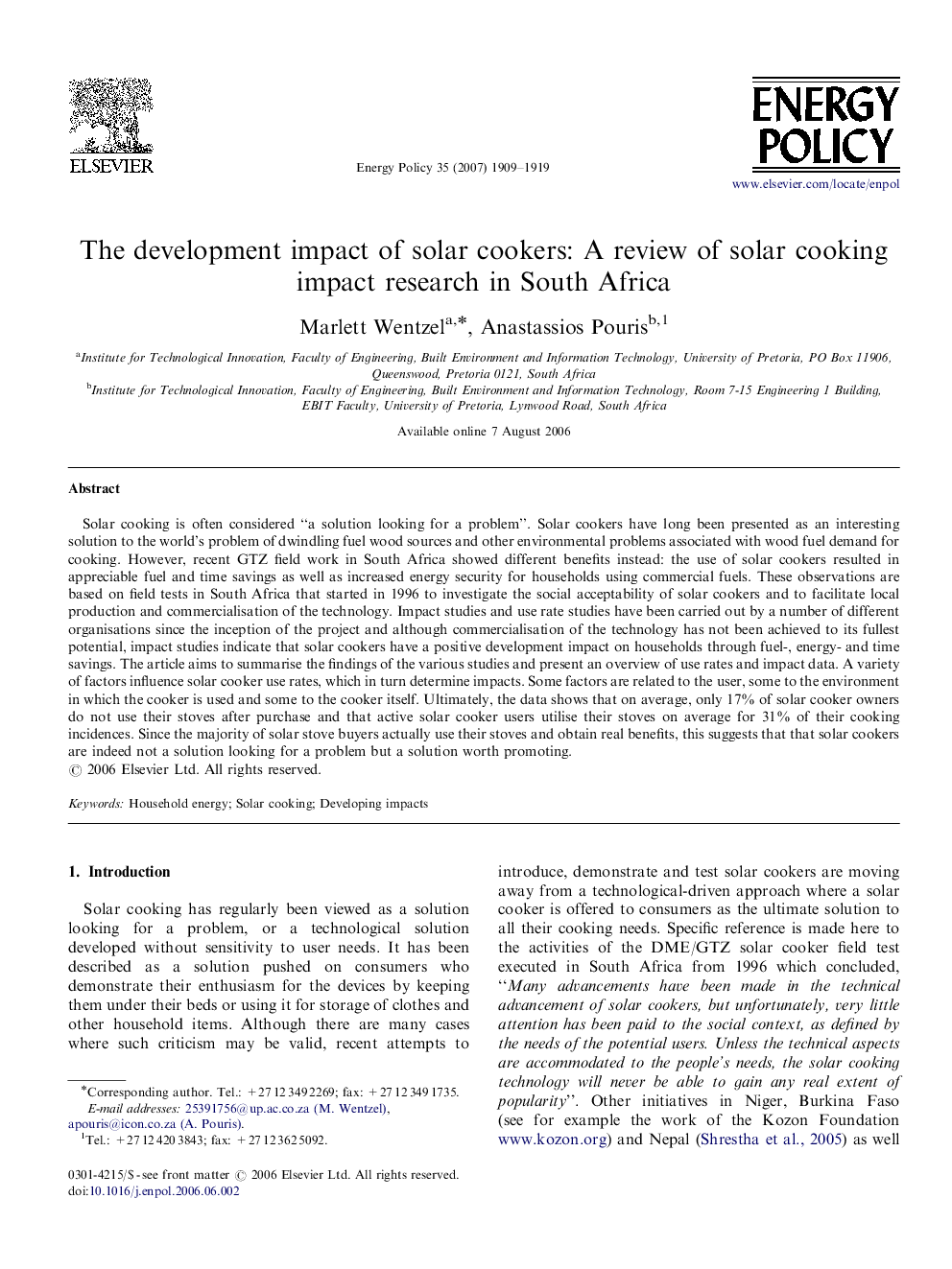 The development impact of solar cookers: A review of solar cooking impact research in South Africa