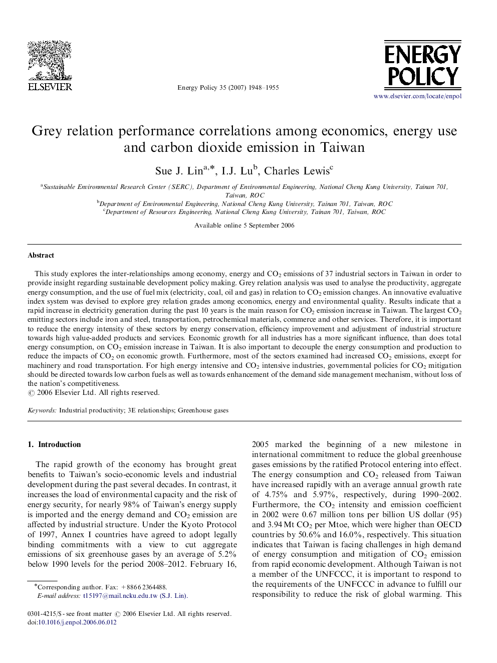 Grey relation performance correlations among economics, energy use and carbon dioxide emission in Taiwan