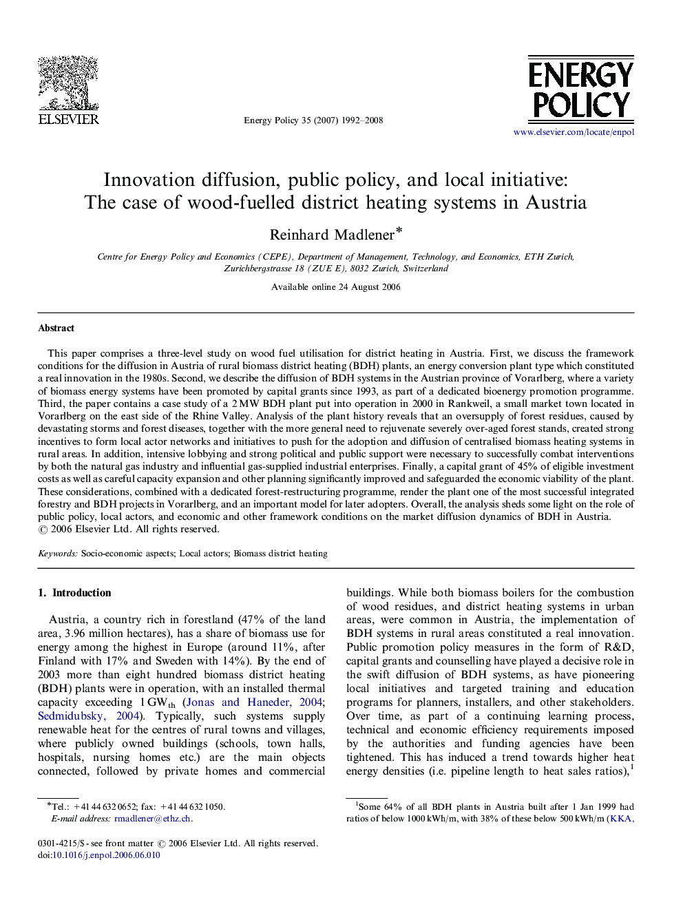 Innovation diffusion, public policy, and local initiative: The case of wood-fuelled district heating systems in Austria