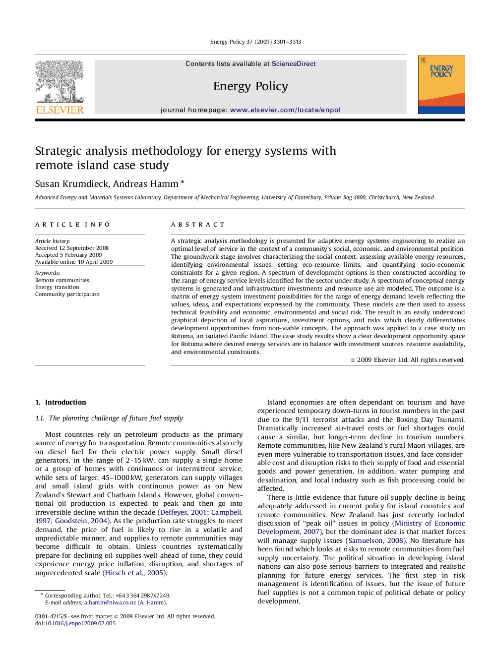 Strategic analysis methodology for energy systems with remote island case study