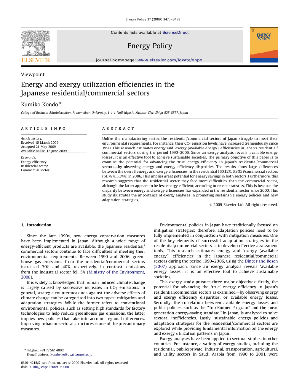 Energy and exergy utilization efficiencies in the Japanese residential/commercial sectors