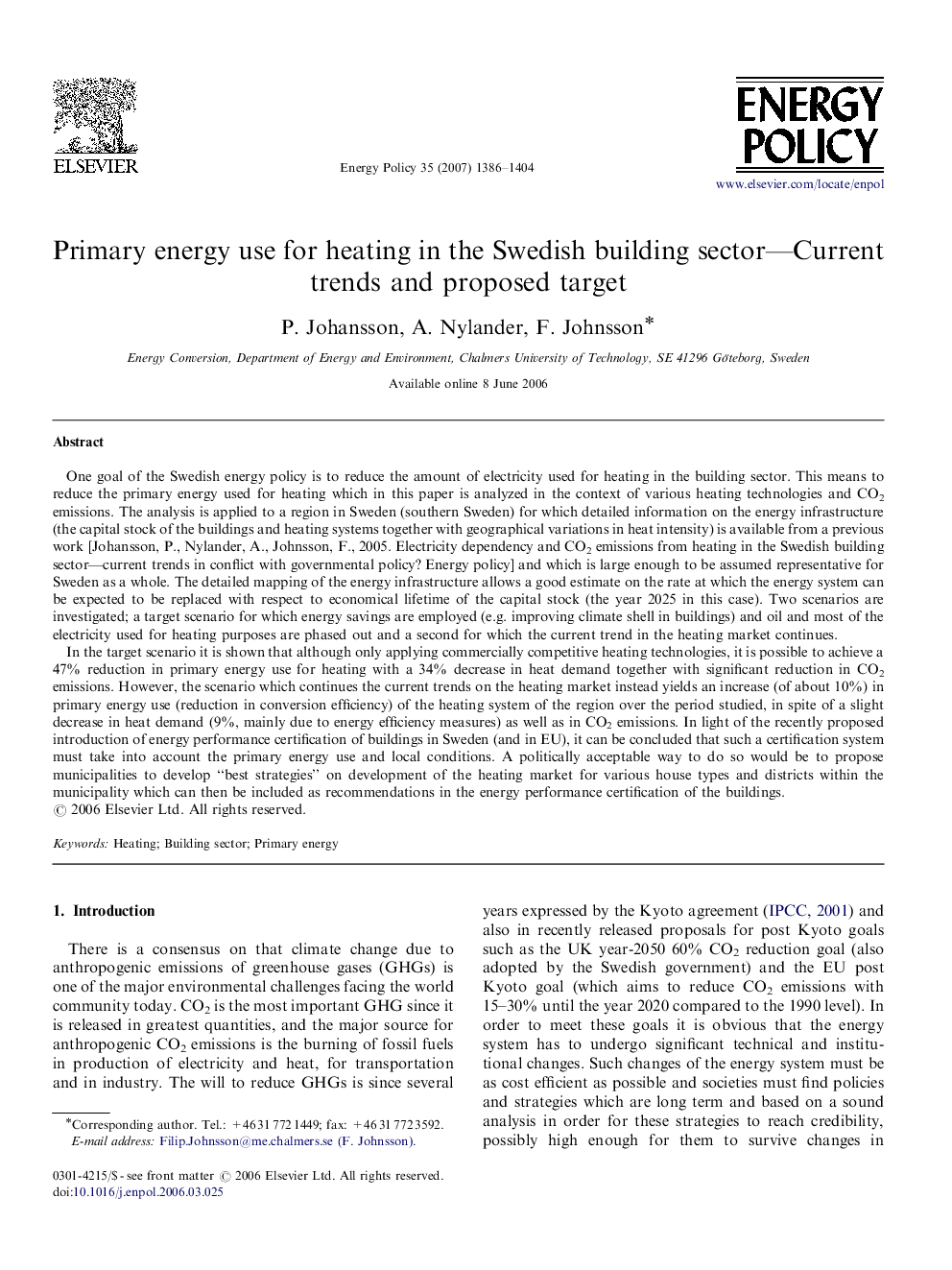 Primary energy use for heating in the Swedish building sector-Current trends and proposed target