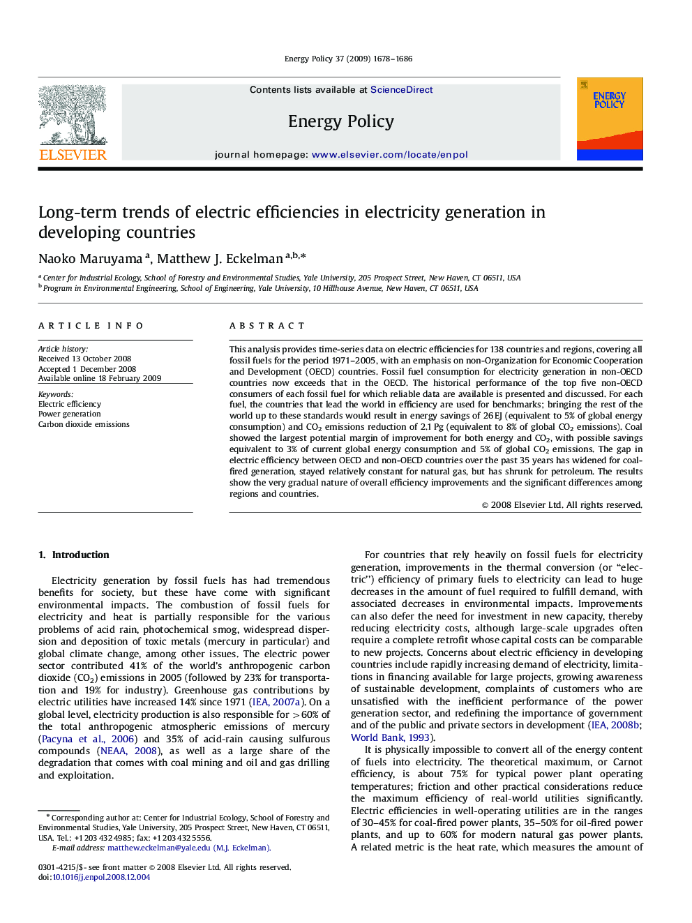 Long-term trends of electric efficiencies in electricity generation in developing countries