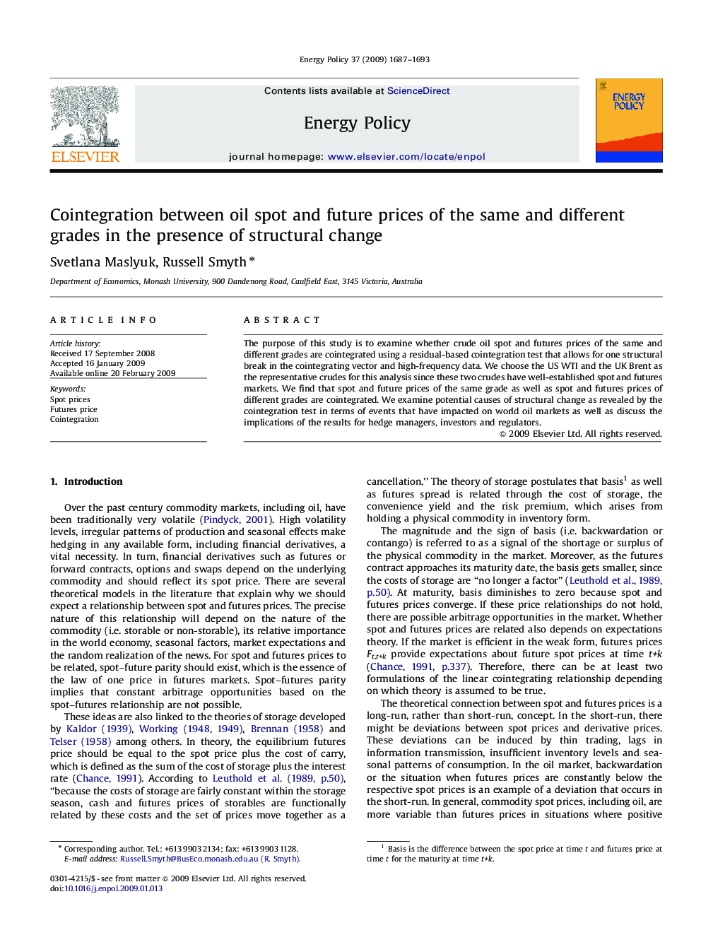 Cointegration between oil spot and future prices of the same and different grades in the presence of structural change