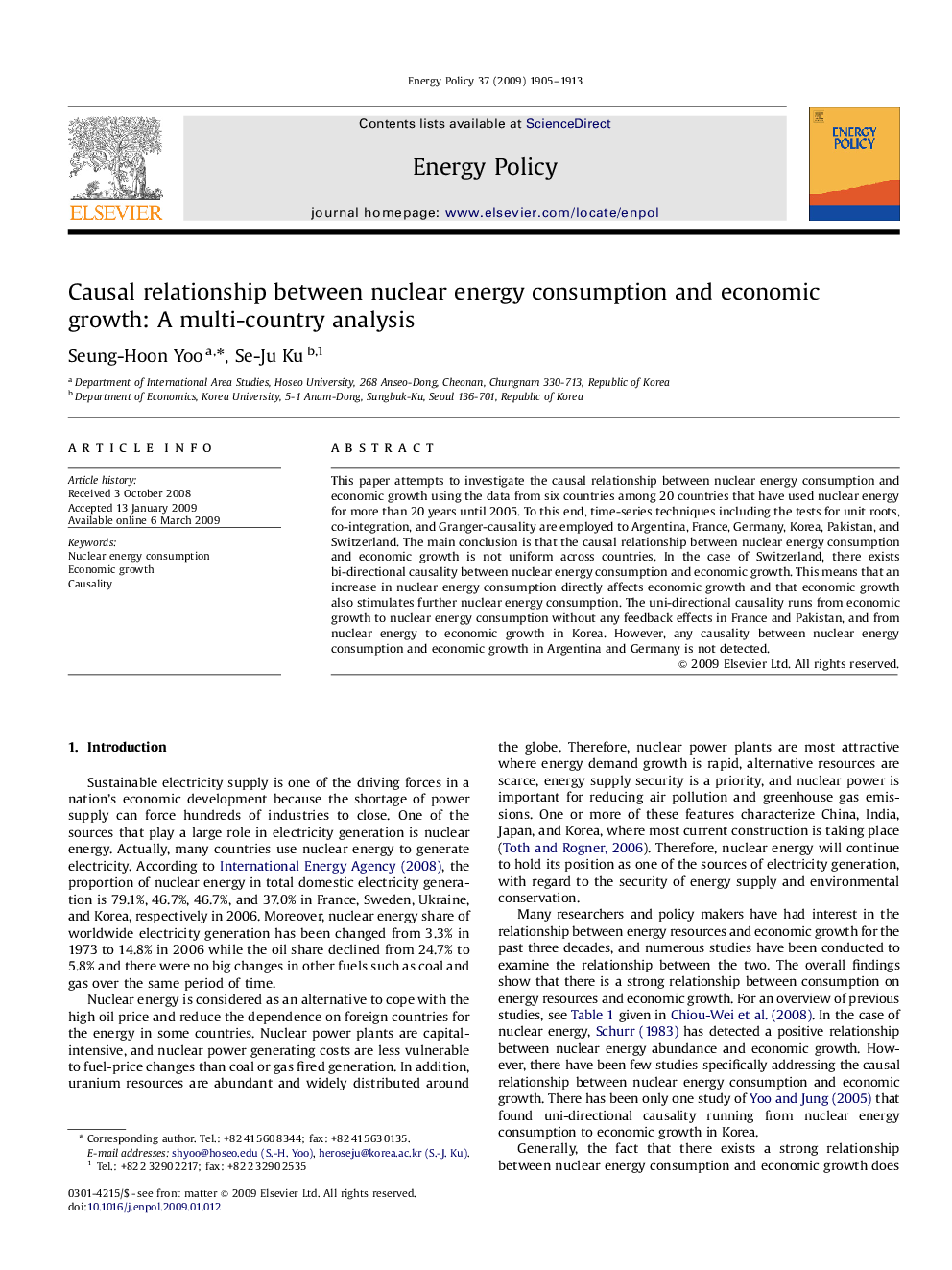 Causal relationship between nuclear energy consumption and economic growth: A multi-country analysis