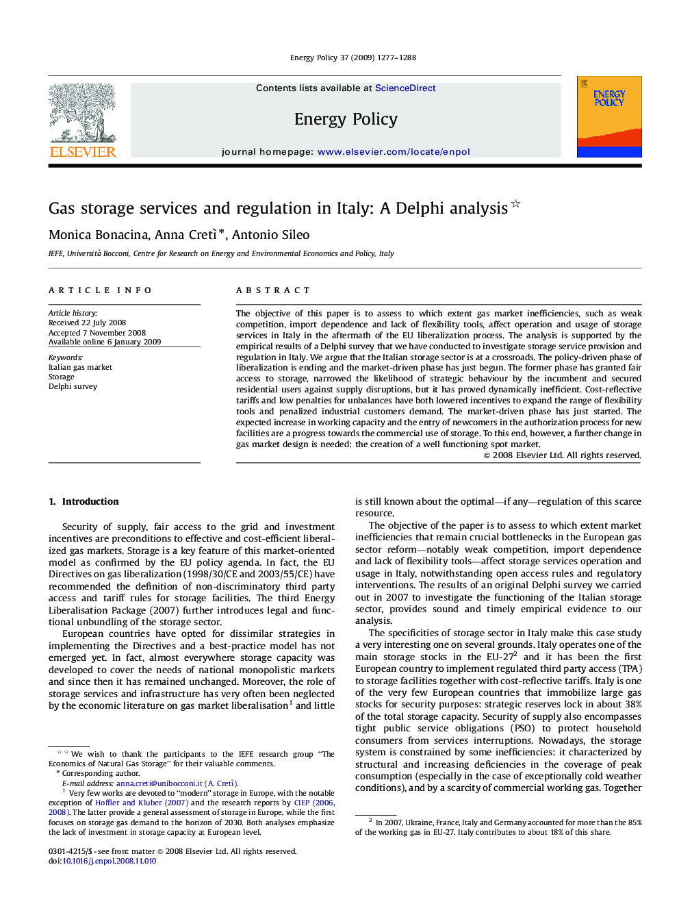 Gas storage services and regulation in Italy: A Delphi analysis 