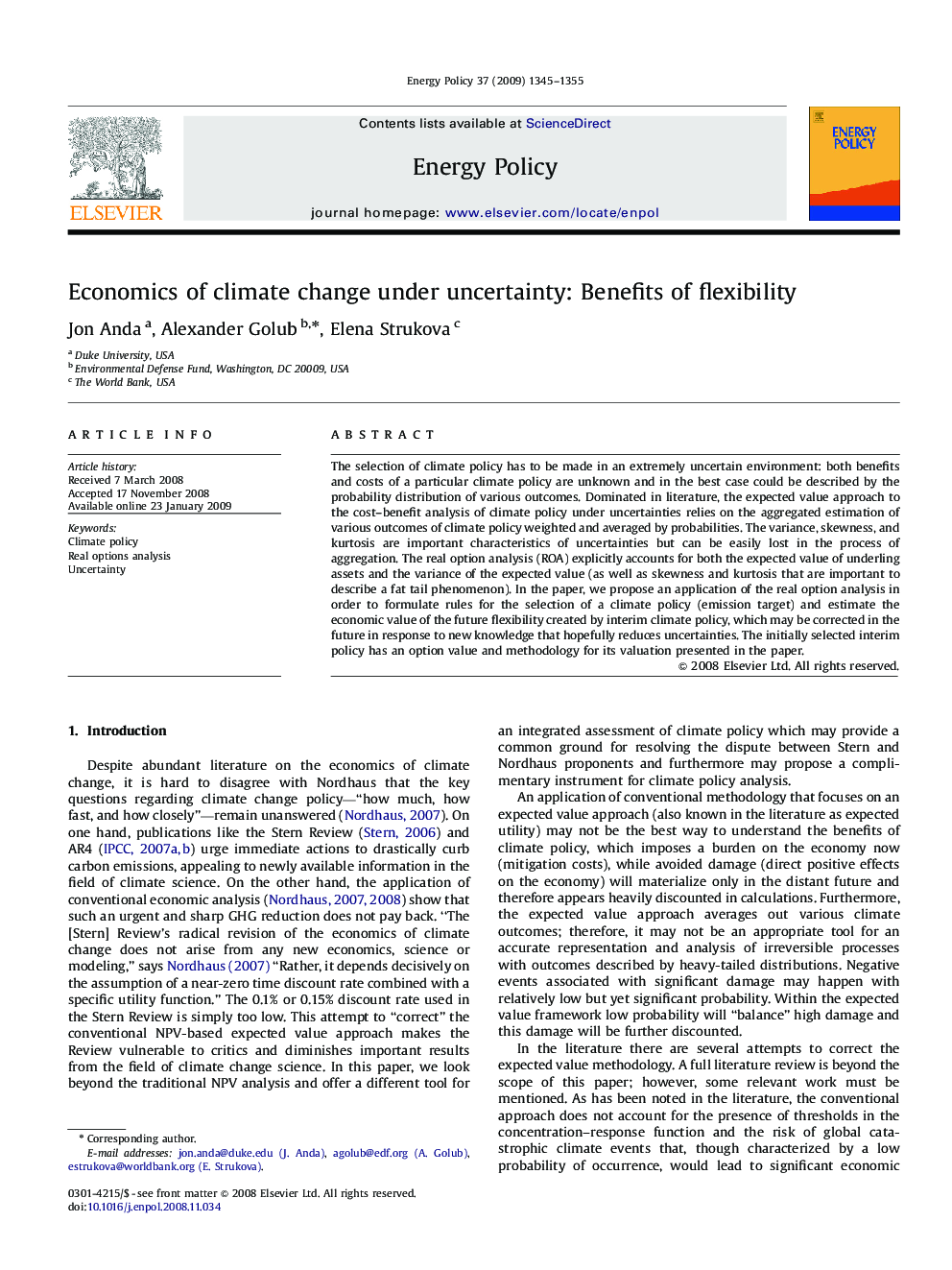 Economics of climate change under uncertainty: Benefits of flexibility