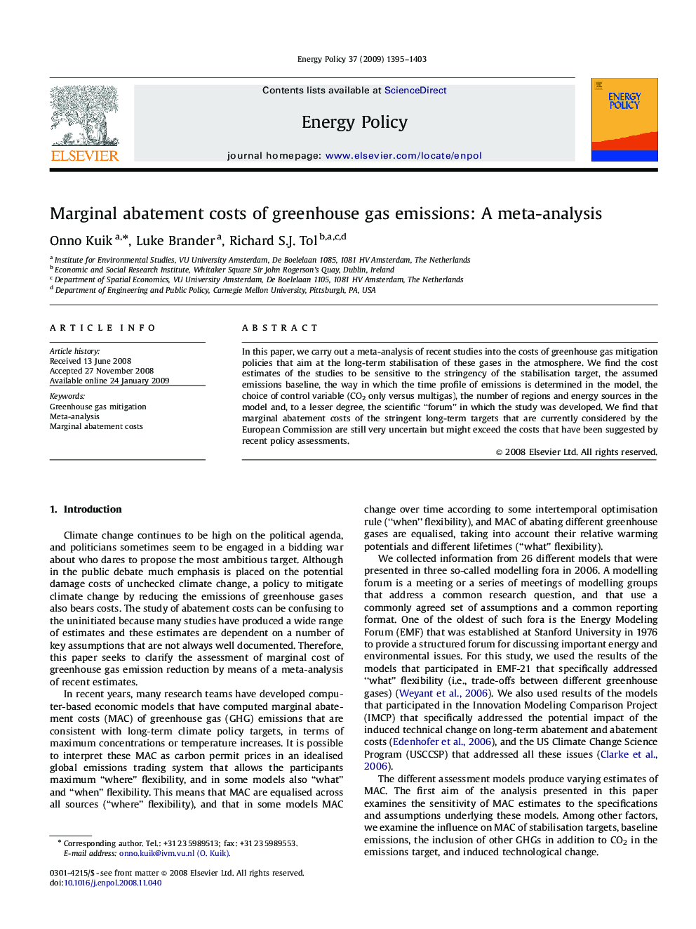 Marginal abatement costs of greenhouse gas emissions: A meta-analysis