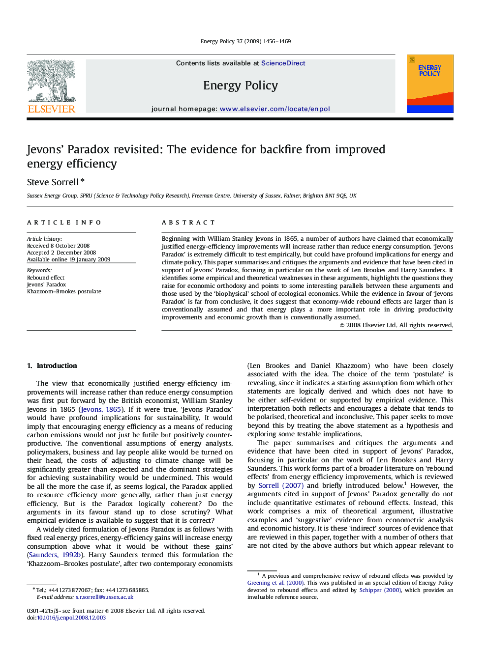Jevons’ Paradox revisited: The evidence for backfire from improved energy efficiency
