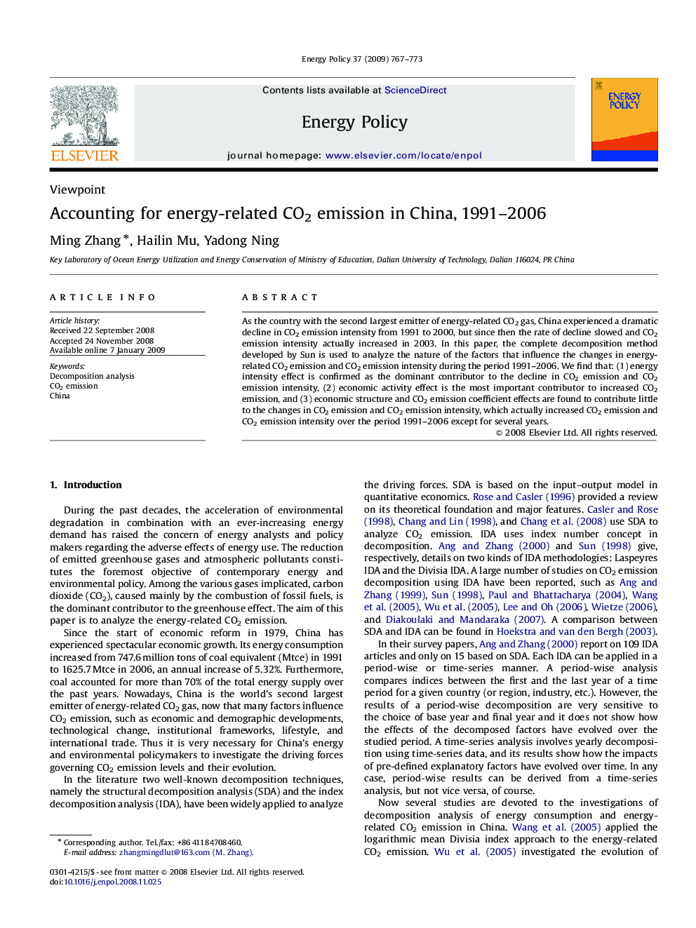 Accounting for energy-related CO2 emission in China, 1991–2006