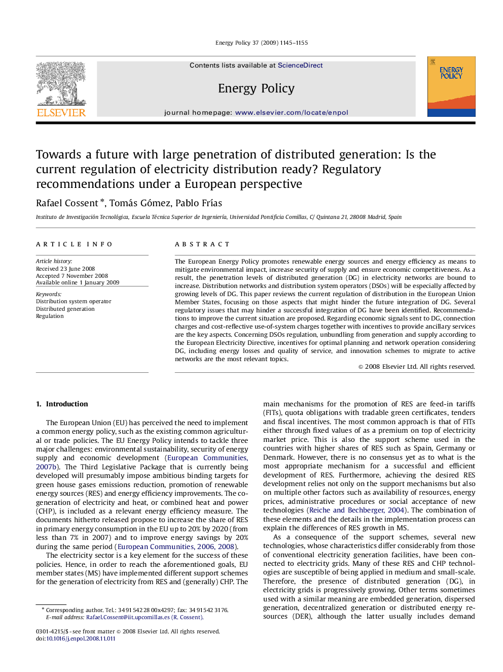 Towards a future with large penetration of distributed generation: Is the current regulation of electricity distribution ready? Regulatory recommendations under a European perspective