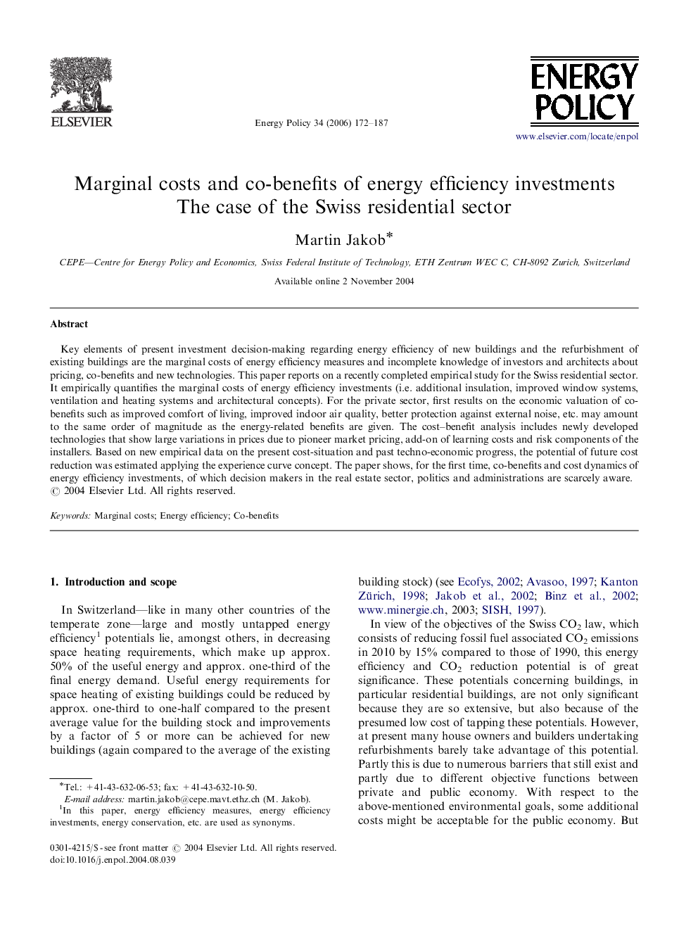 Marginal costs and co-benefits of energy efficiency investments: The case of the Swiss residential sector