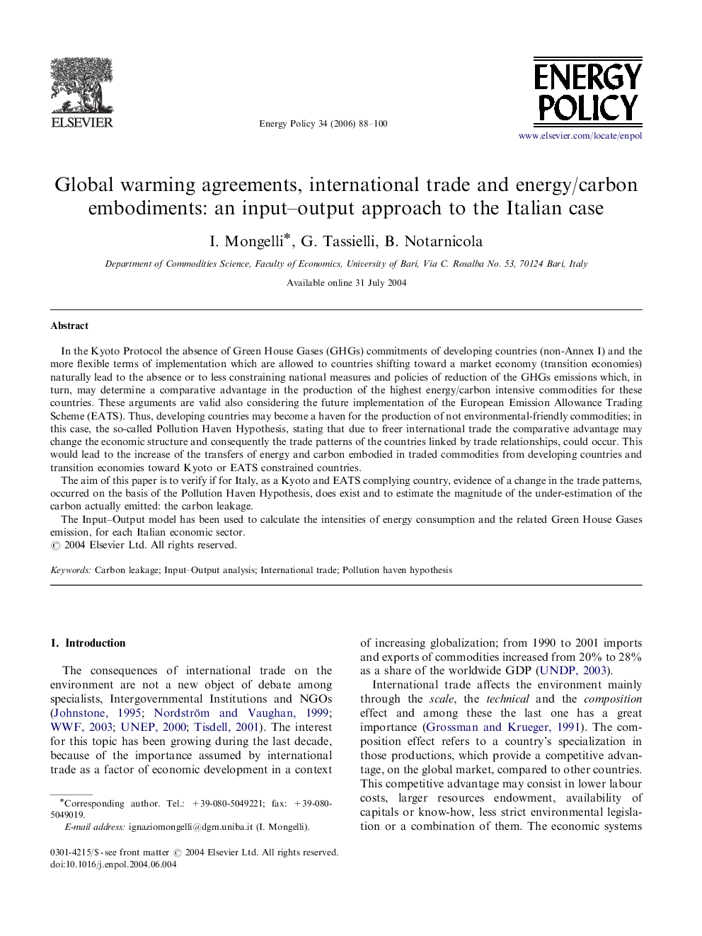 Global warming agreements, international trade and energy/carbon embodiments: an input–output approach to the Italian case