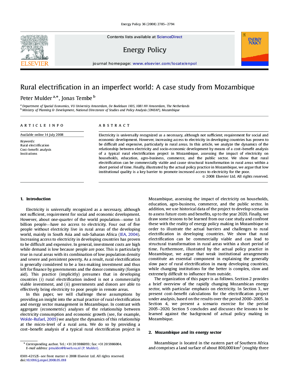 Rural electrification in an imperfect world: A case study from Mozambique