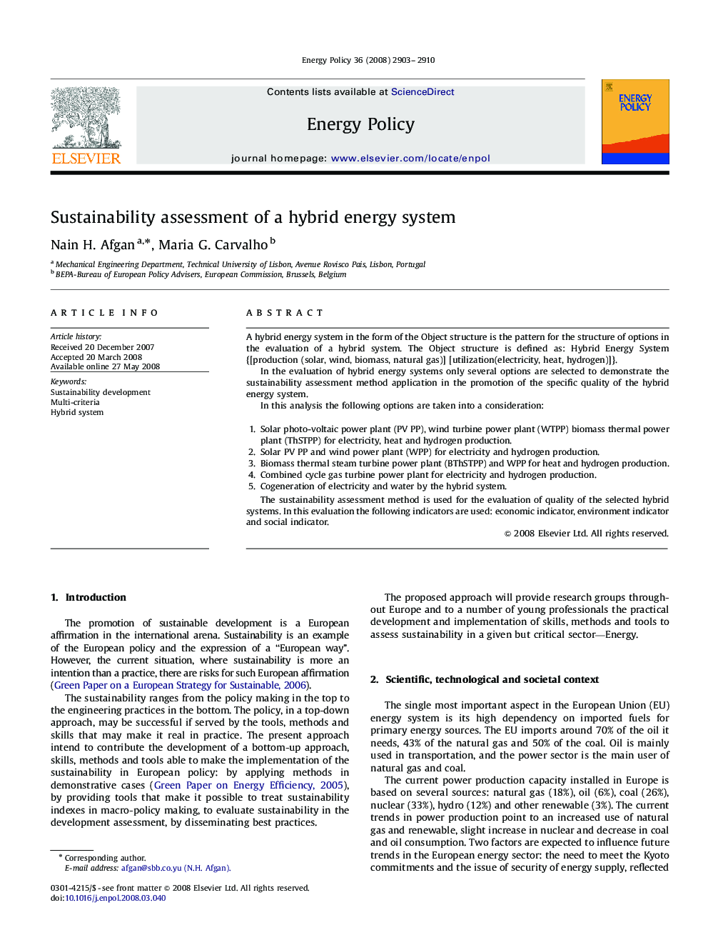 Sustainability assessment of a hybrid energy system