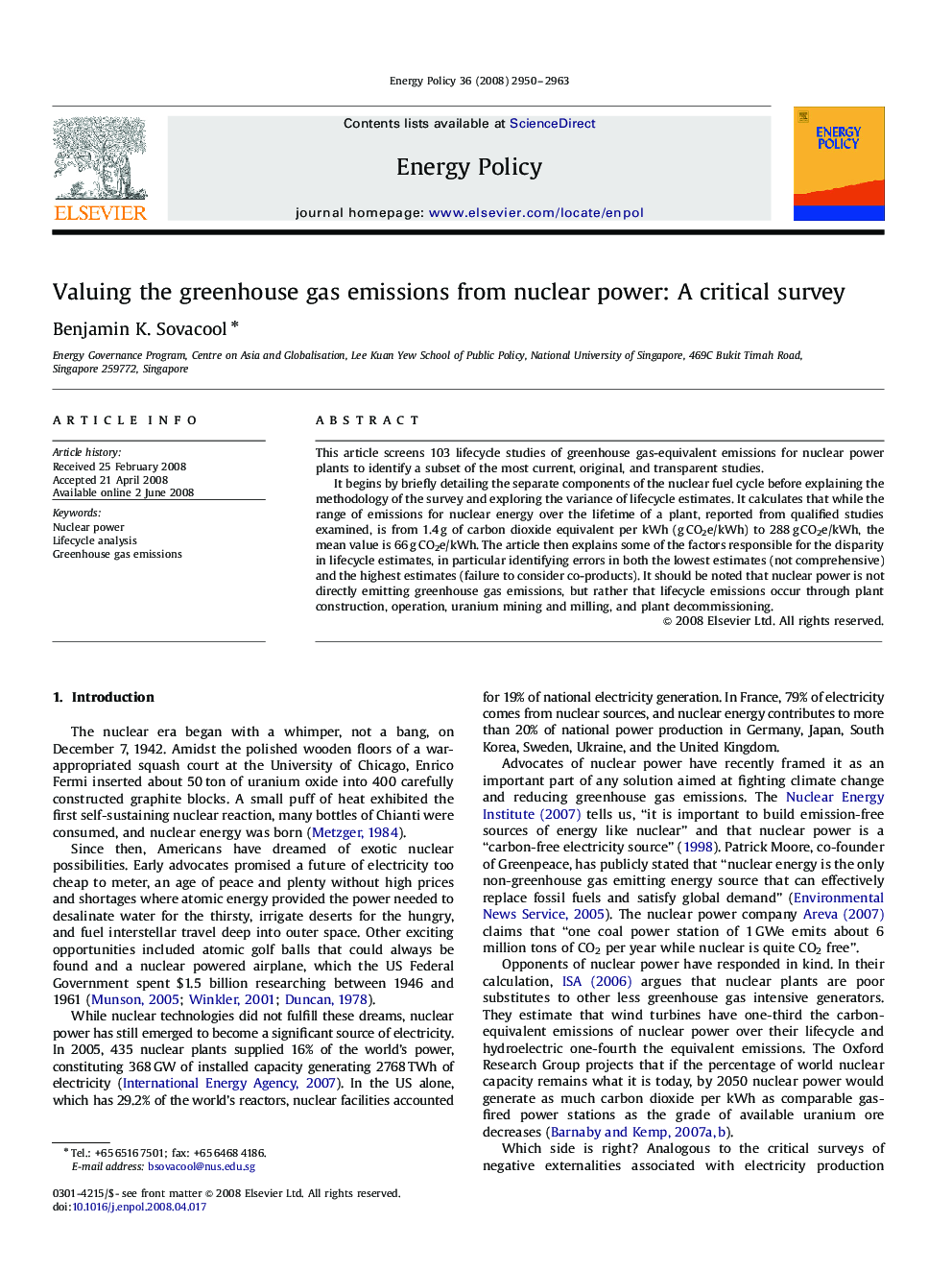 Valuing the greenhouse gas emissions from nuclear power: A critical survey