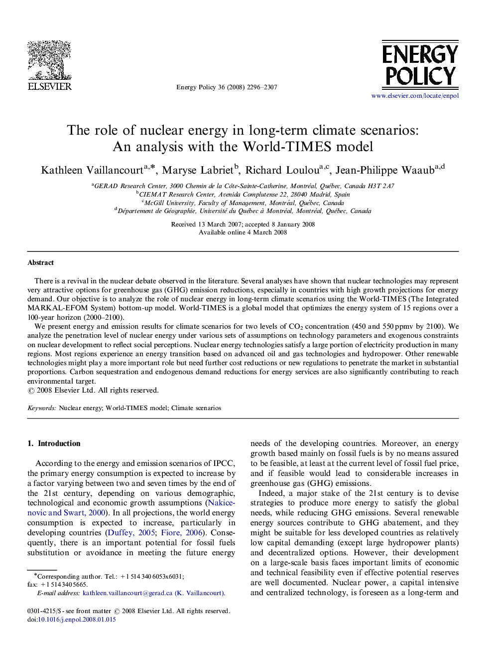 The role of nuclear energy in long-term climate scenarios: An analysis with the World-TIMES model