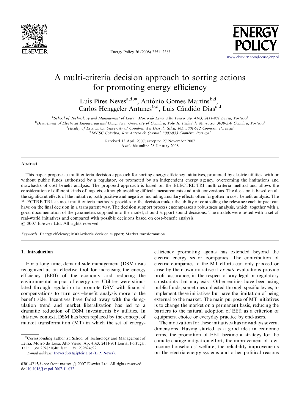 A multi-criteria decision approach to sorting actions for promoting energy efficiency