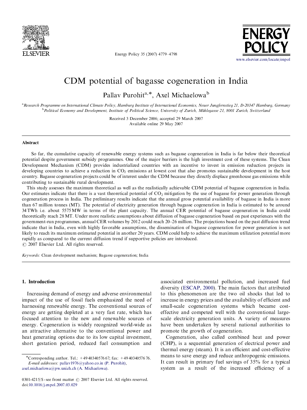 CDM potential of bagasse cogeneration in India