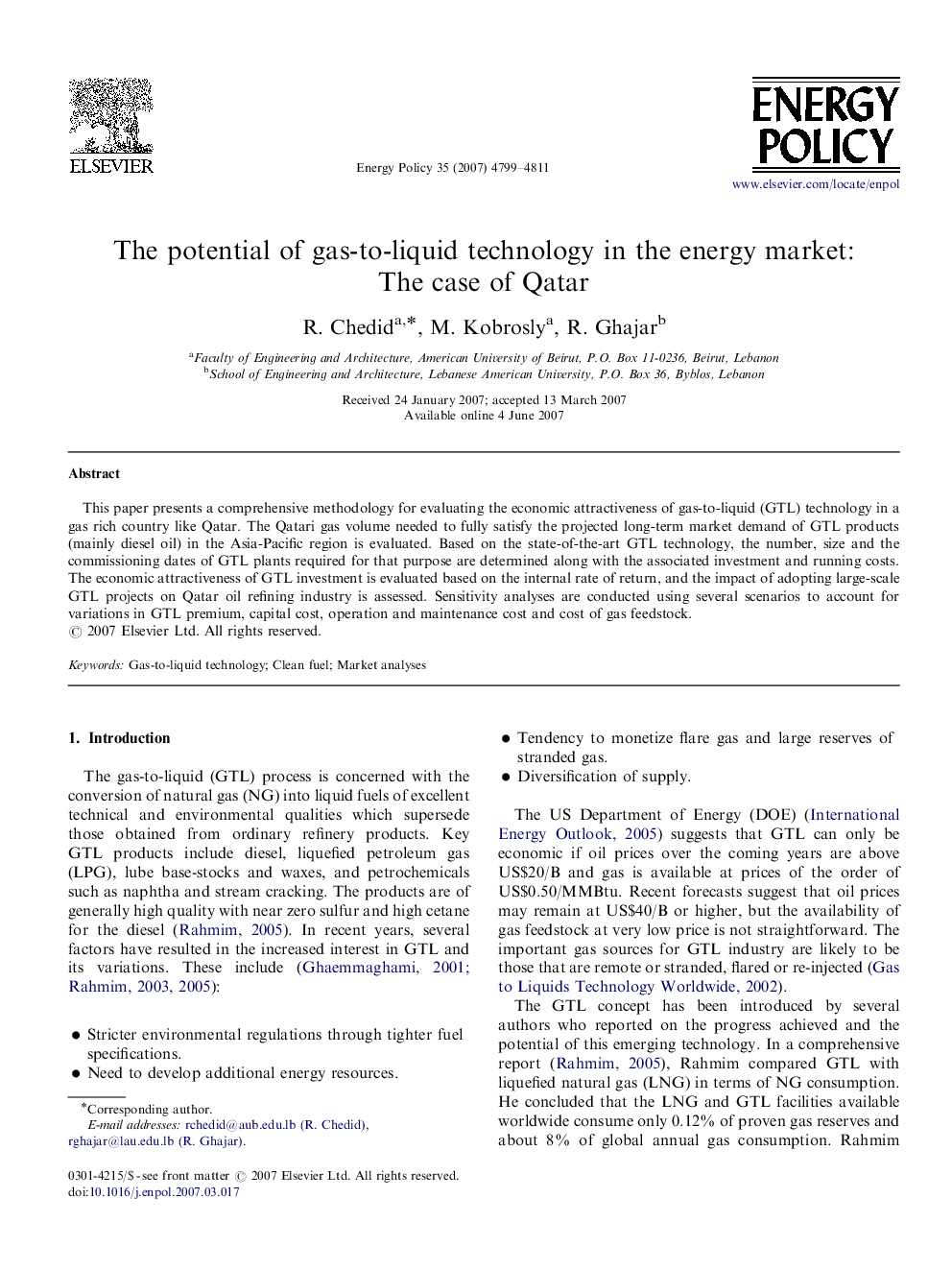 The potential of gas-to-liquid technology in the energy market: The case of Qatar