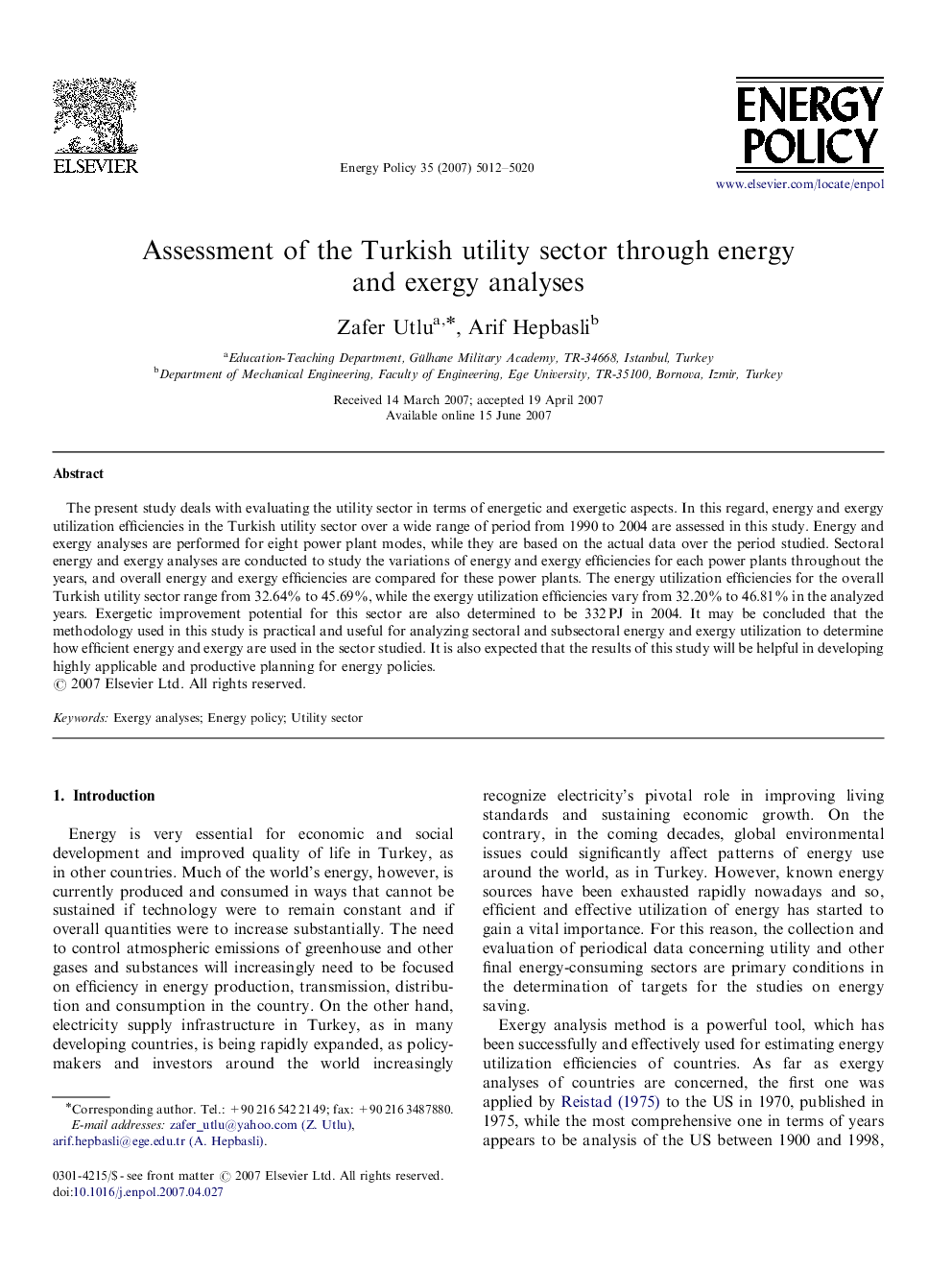 Assessment of the Turkish utility sector through energy and exergy analyses