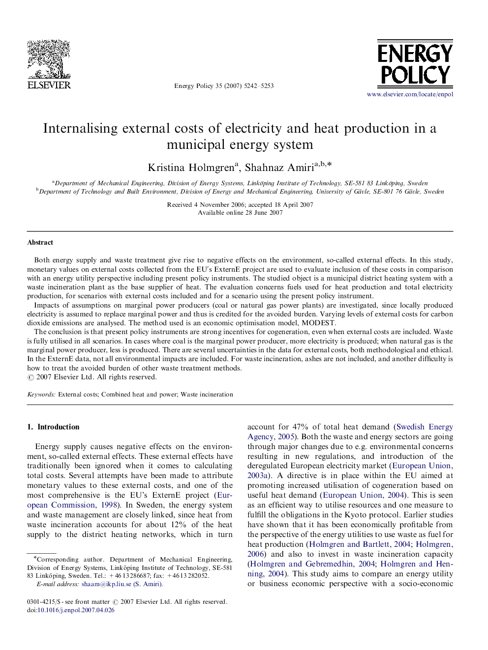 Internalising external costs of electricity and heat production in a municipal energy system