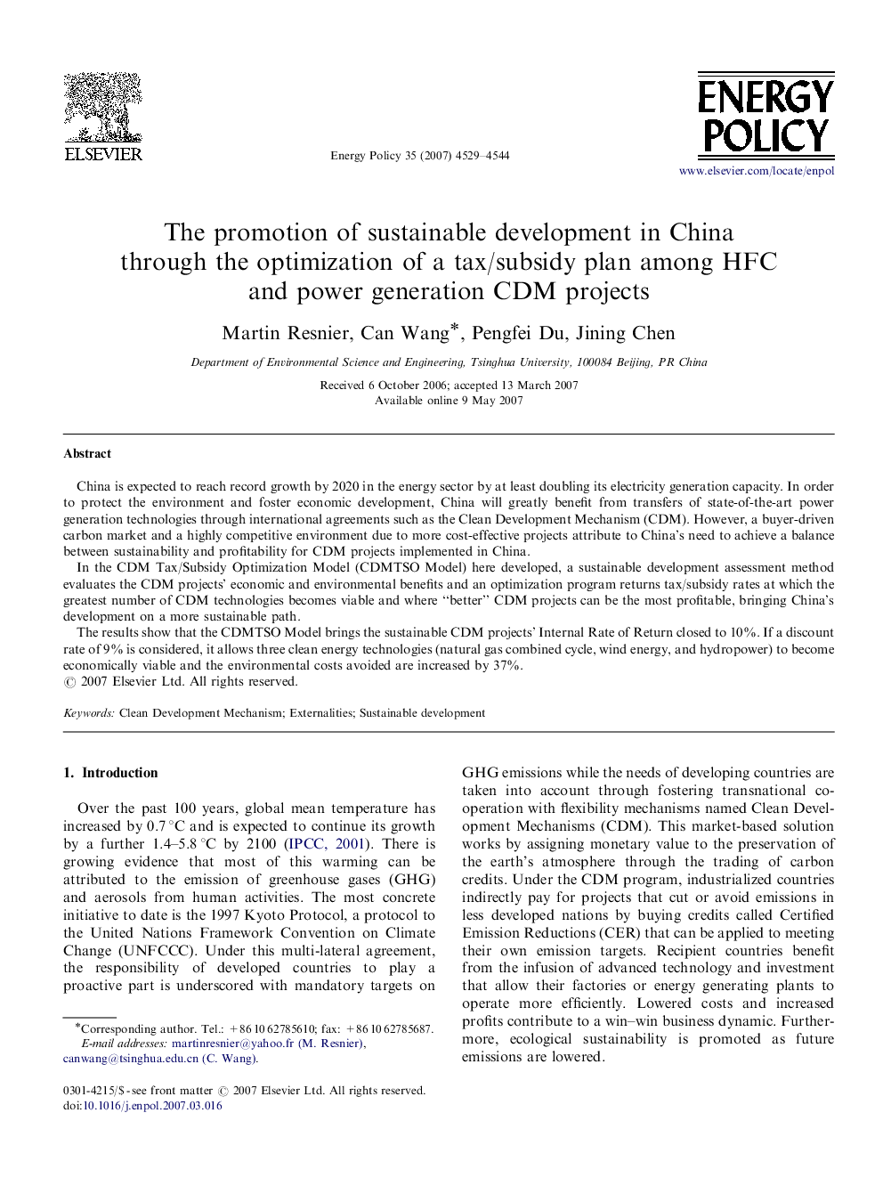 The promotion of sustainable development in China through the optimization of a tax/subsidy plan among HFC and power generation CDM projects