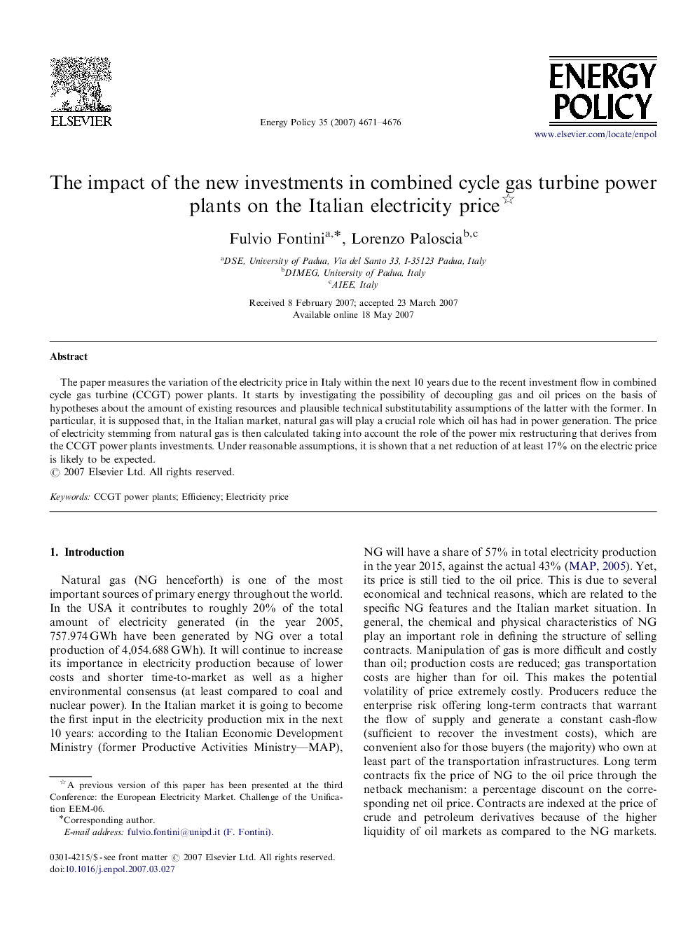 The impact of the new investments in combined cycle gas turbine power plants on the Italian electricity price 