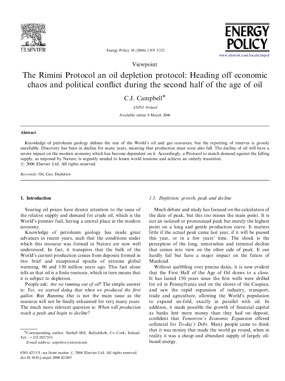 The Rimini Protocol an oil depletion protocol: Heading off economic chaos and political conflict during the second half of the age of oil