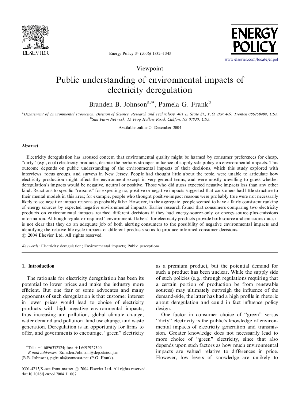 Public understanding of environmental impacts of electricity deregulation