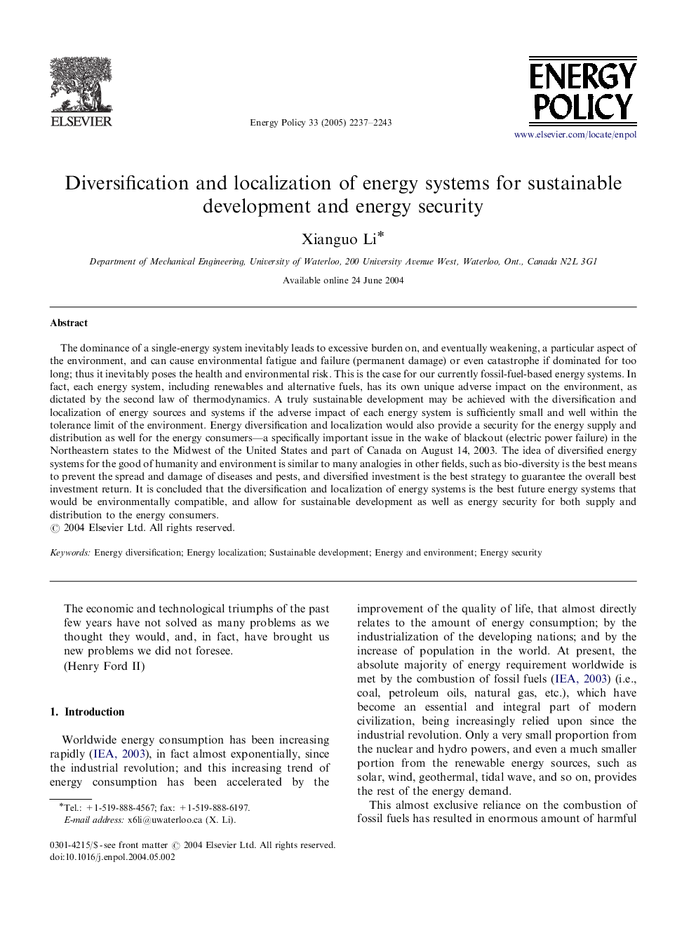 Diversification and localization of energy systems for sustainable development and energy security