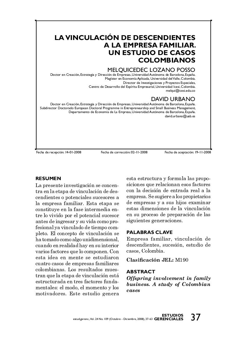 La Vinculación De Descendientes A La Empresa Familiar. Un Estudio De Casos Colombianos