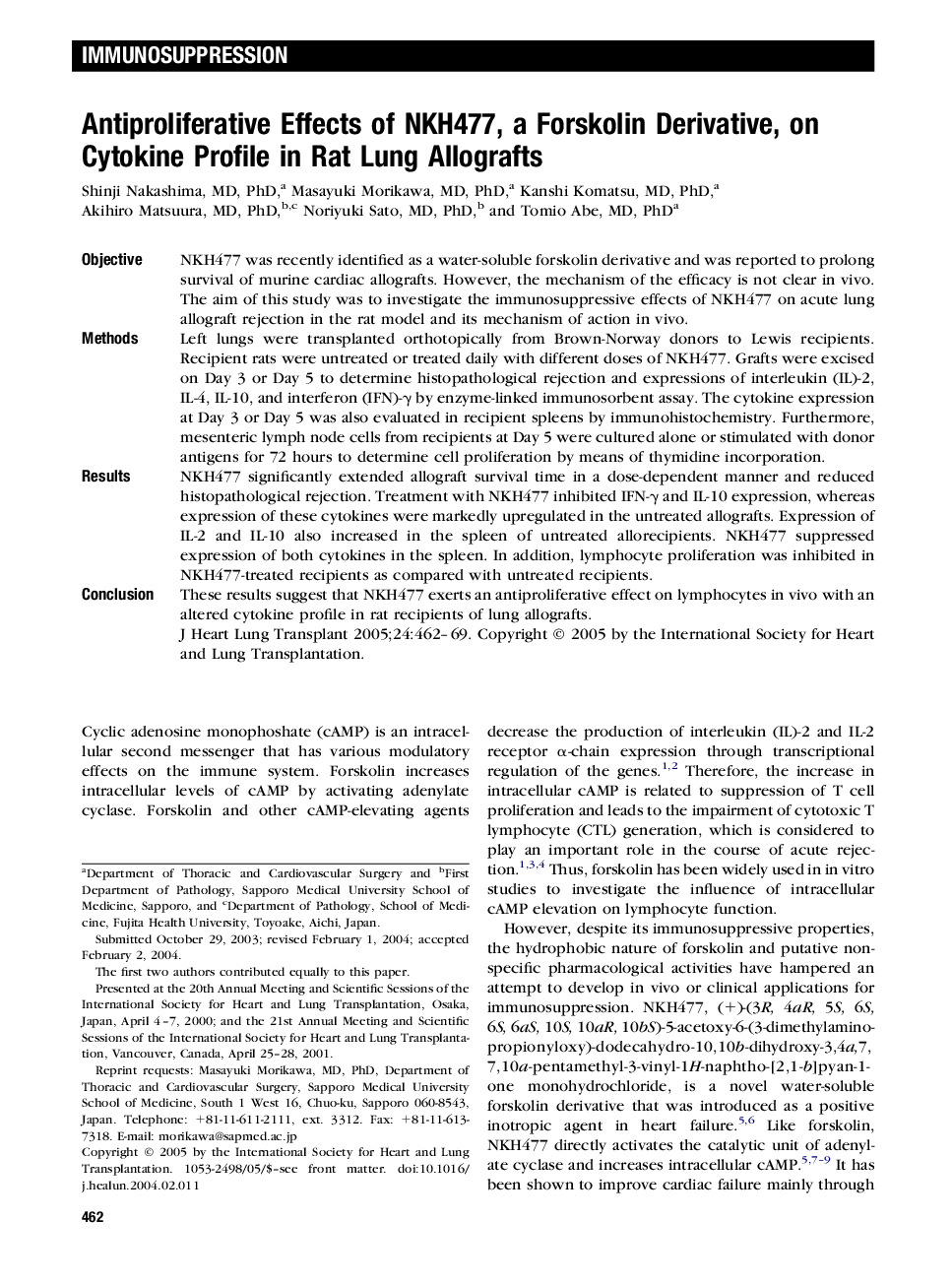 Antiproliferative effects of NKH477, a forskolin derivative, on cytokine profile in rat lung allografts