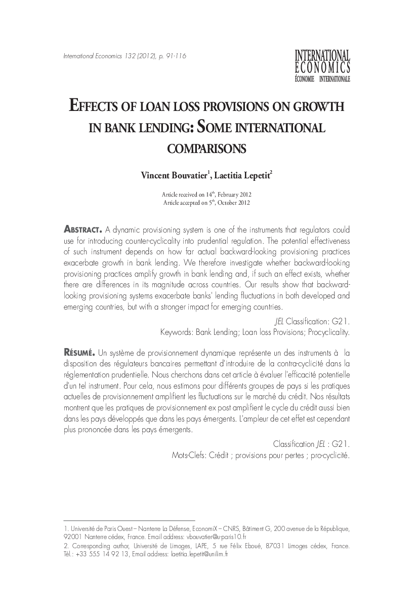 Effects of loan loss provisions on growth in bank lending: Some international comparisons