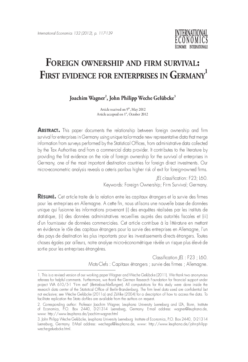 Foreign ownership and firm survival: First evidence for enterprises in Germany1